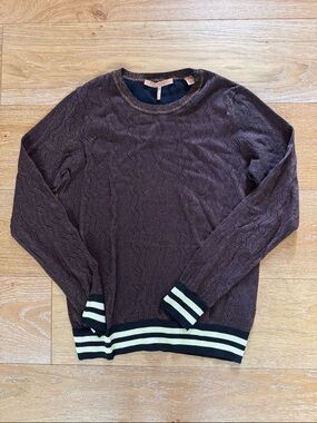 Scotch & Soda Brown Crewneck Sweater with Black and Cream Stripe Trim